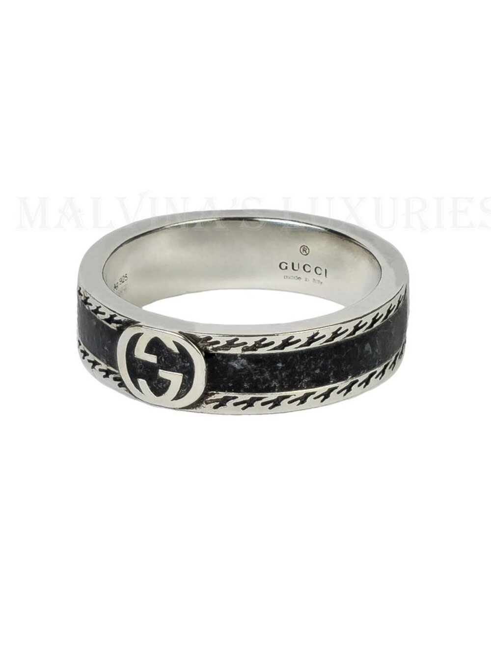 GUCCI RING STERLING SILVER w BLACK ENAMEL INTERLOCKING GG LOGO sz 22 US 10 - Picture 10 of 16